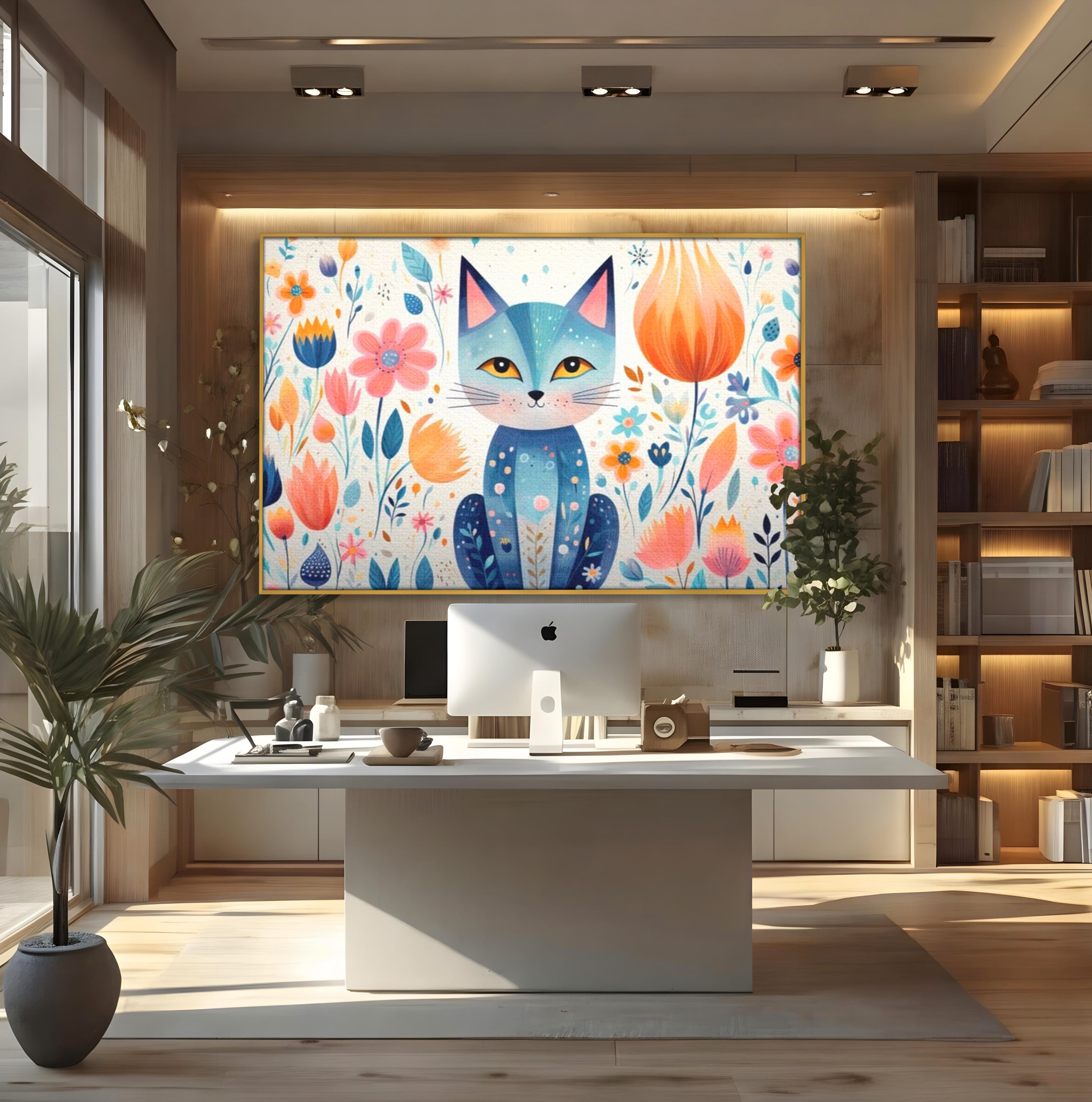 Tablou canvas cu ilustratie digitala cu pisica albastra si flori, in rama de aluminiu auriu, pe perete intr-un birou